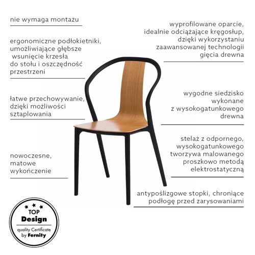 Krzesło do jadalni i kuchni Bella D2.DESIGN czarne z drewna sztaplowane z podłokietnikami