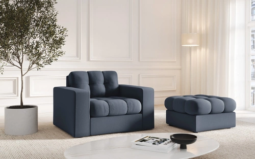 Pufa pikowana Justin niebieska kwadratowa tapicerowana do salonu i sypialni glamour 60x60 cm