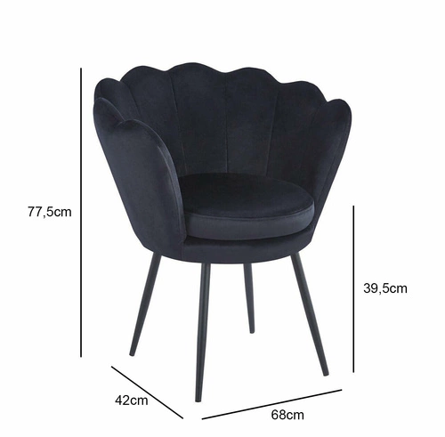 Krzesło tapicerowane muszelka Fiona VIC czarne welurowe z podłokietnikami do salonu glamour