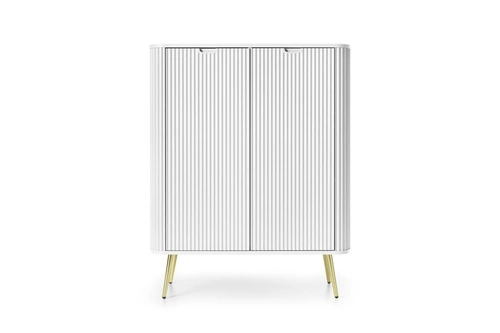 Komoda biała wysoka Seda na złotych nogach nowoczesna z półkami do salonu Intesi 129 cm