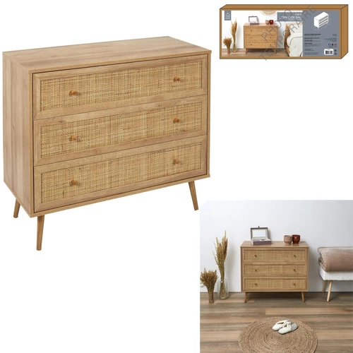 Komoda Bali boho z plecionym frontem, 3 szuflady, brązowa, komoda do salonu 90 cm Intesi