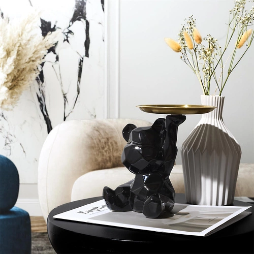 Figurka dekoracyjna miś origami czarna ze złotą tacą ceramiczna do salonu Intesi