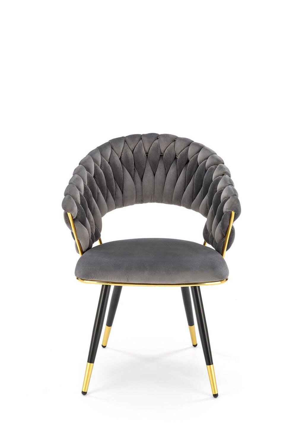 Krzesło do jadalni Tenay tapicerowane welur szary z podłokietnikami glamour na złotych nogach