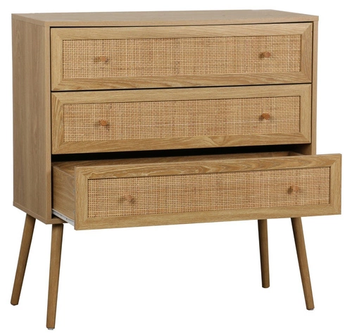Komoda Ballo 3 szuflady boho z rattanu i drewna, komoda do salonu i sypialni na nóżkach