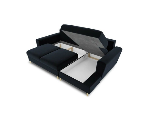 Narożnik z funkcją spania Moghan Dark Blue Velvet Prawostronna kolor nóg złoty