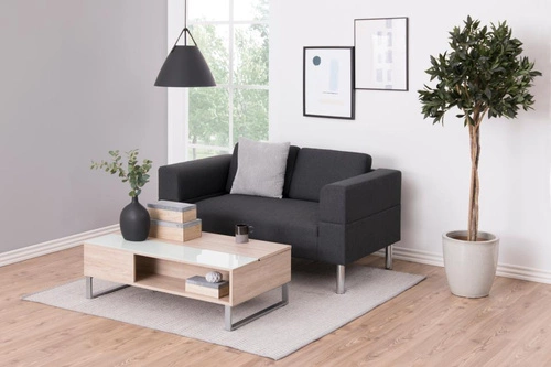 Stolik kawowy Azalea prostokątny szklano-drewniany z półkami i schowkiem do salonu