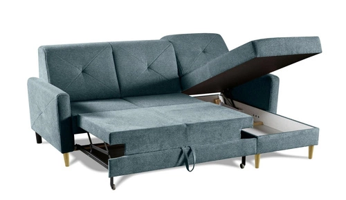 Narożnik Scandi niebieski skandynawski z funkcją spania do salonu z pojemnikiem