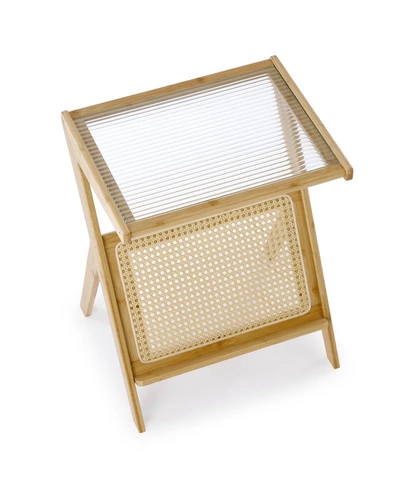 Stolik kawowy Balli boho z rattanu i szkła prostokątny naturalny do salonu Intesi