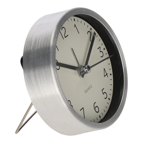 Budzik Quazi srebrny nowoczesny zegar stojący do sypialni i biura średnica 9 cm Intesi