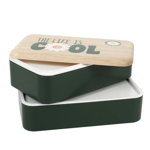 Lunchbox Intesi zielony dwupoziomowy z drewnianym wieczkiem i butelką do pracy lub szkoły