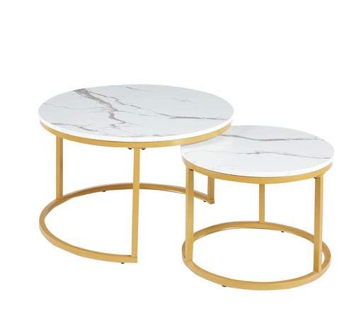 Zestaw 2 okrągłych stolików kawowych Bennett biały marmur złoty nowoczesny glamour do salonu