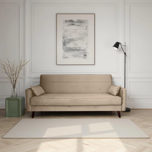 Sofa rozkładana 3 osobowa Izoria beżowa vintage do salonu z pojemnikiem na pościel