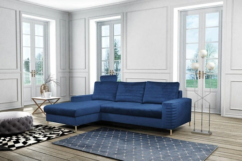 Narożnik Hald lewy nowoczesny granatowy welurowy z funkcją spania do salonu