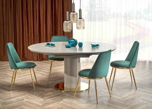 Stół okrągły rozkładany Moette do jadalni nowoczesny marmur szary złote nogi 120-160 cm