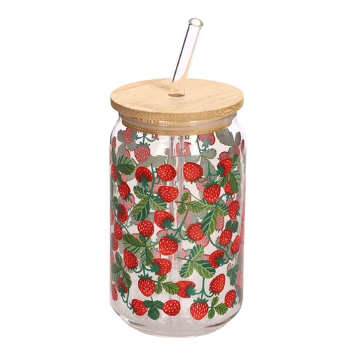 Szklanka do napoju z pokrywką i słomką Soleo 530 ml poziomki Intesi – letni design