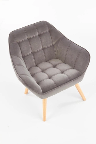 Fotel kubełkowy Kalmen welurowy szary skandynawski do salonu na drewnianych nogach