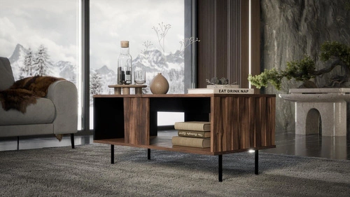 Stolik kawowy Miri prostokątny orzechowy nowoczesny z półką loftowy do salonu 100x54 cm