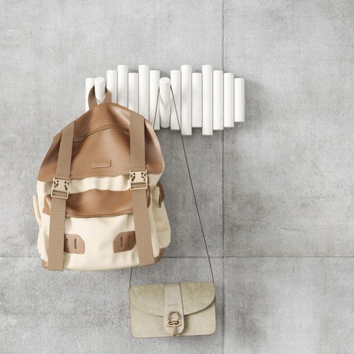 Wieszak ścienny do przedpokoju Umbra Picket biały drewniany składany nowoczesny 5 haczyków