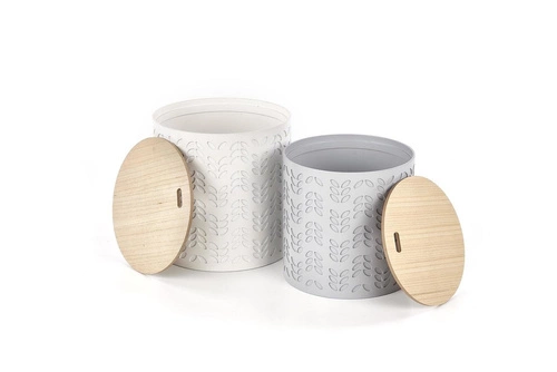 Zestaw dwóch okrągłych stolików kawowych Lamba biały nowoczesny z pojemnikiem do salonu