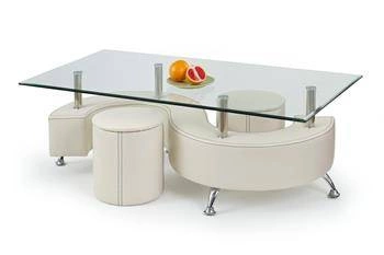 Stolik kawowy szklany Nea z 2 białymi pufami nowoczesny prostokątny do salonu Intesi