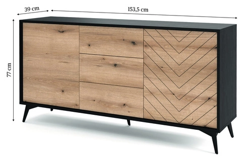 Komoda Fargo 154 cm nowoczesna z szufladami na nóżkach do salonu dąb i czarny Intesi