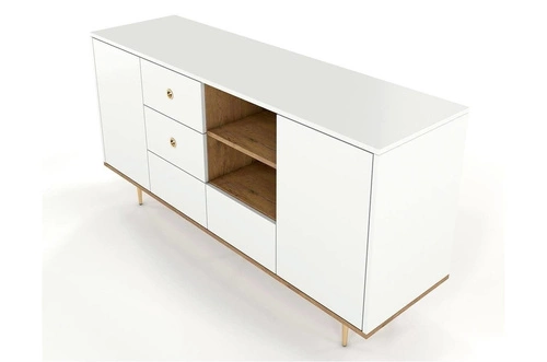 Komoda biała glamour z szufladami Harmoni 160 cm drewniana na złotych nóżkach do salonu SKANDICA