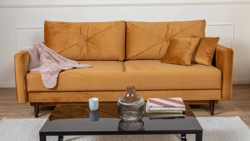 Sofa rozkładana z funkcją spania Saxo 2 osobowa do salonu nowoczesna żółta z pojemnikiem