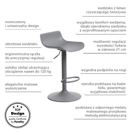 Hoker Simplet Bar One szary mat obrotowy regulowany nowoczesny do kuchni bez oparcia