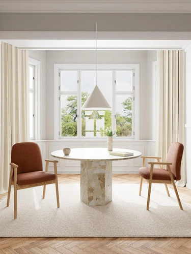 Krzesło Calvin tapicerowane do jadalni z podłokietnikami dąb terakota