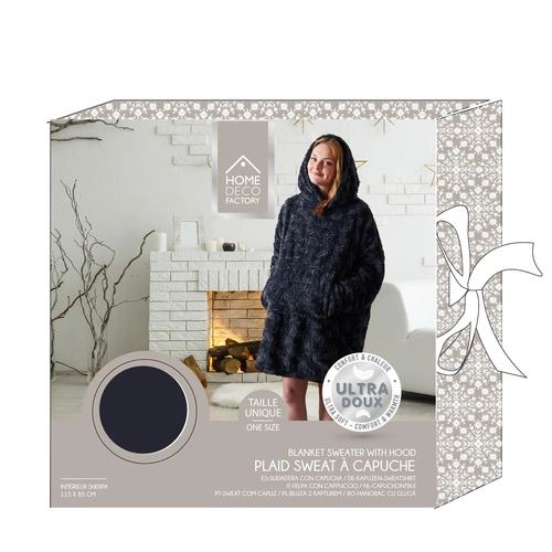 Intesi szary bluzo koc z futerka ciepły z kapturem do salonu na zimę 120x83 cm