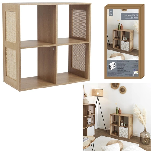 Regał na książki Kali 4 półki skandynawski z rattanu i MDF naturalny do salonu i sypialni