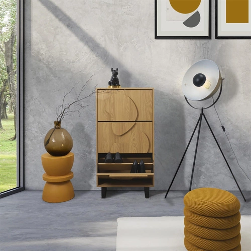 Szafka na buty Calypso Intesi wysoka boho dąb z czarną podstawą i zdobionym frontem do przedpokoju