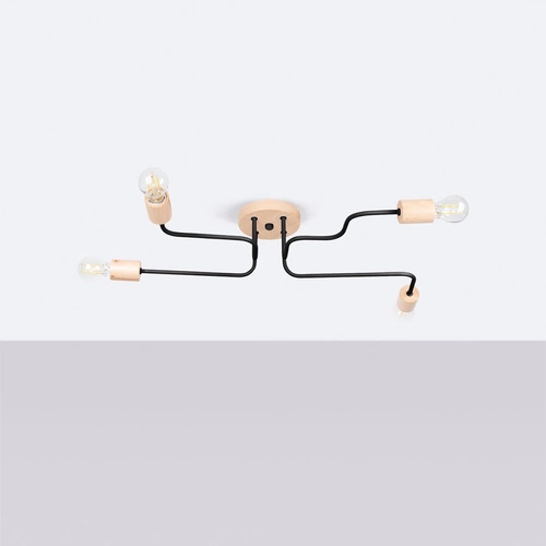 Żyrandol loftowy TIMBO 4 czarny z drewnem do salonu i jadalni rozproszone światło