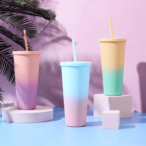 Kubek ze słomką Tie-Dye PP pomarańczowo-różowy