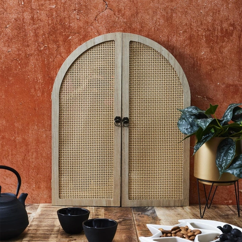 Lustro wiszące Bali otwierane boho w drewnianej ramie do przedpokoju i sypialni Intesi