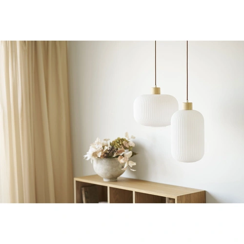 Lampa wisząca Argalo szklana biała z drewnem do jadalni 30 cm