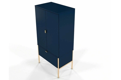 Komoda wysoka Polka Navy Blue glamour z szufladą i szafkami na złotych nogach do salonu 120 cm