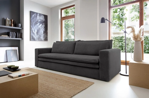 Sofa rozkładana z funkcją spania Ulnes sztruksowa 3 osobowa antracyt do salonu z pojemnikiem