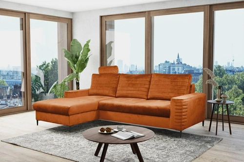 Nowoczesny narożnik welurowy Hald z funkcją spania i pojemnikiem lewy do salonu