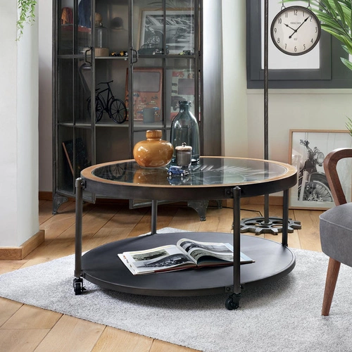 Stolik kawowy Chrono vintage okrągły szklany z półką czarny loftowy do salonu 95 cm Atmosphera