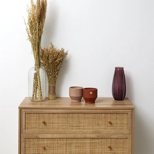 Komoda Bali boho z plecionym frontem, 3 szuflady, brązowa, komoda do salonu 90 cm Intesi