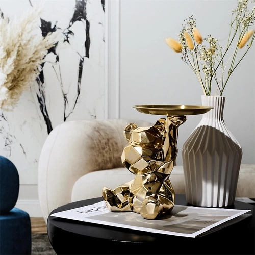 Figurka dekoracyjna Miś origami ze złotą tacą ceramiczna Intesi do salonu lub na prezent