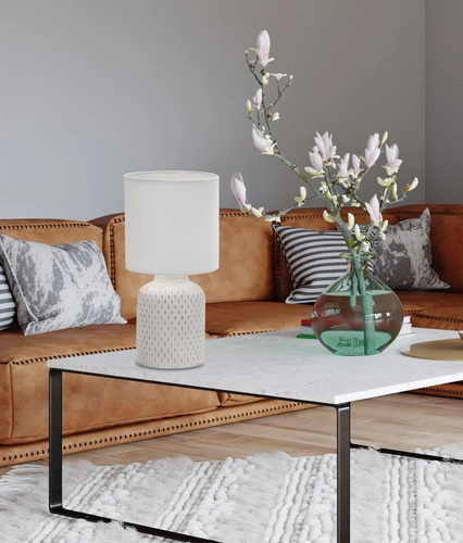 Biała lampka nocna do sypialni Iner nowoczesna ceramiczna z abażurem Candellux 32 cm