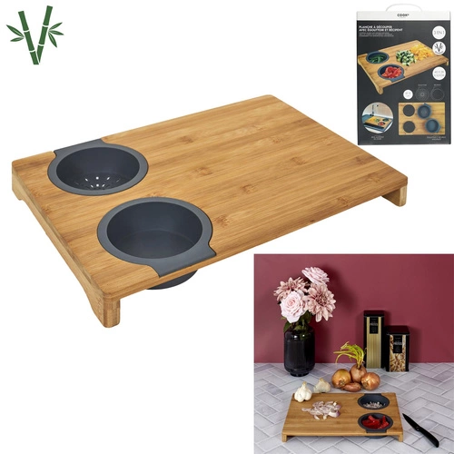 Intesi Bamboo nowoczesna deska do krojenia z miską i sitkiem do warzyw 40x28 cm