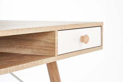 Biurko skandynawskie do pracy z szufladą i półkami Interi dąb sonoma białe 120x60 cm Intesi