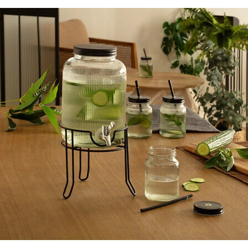 Szklany słój do napojów 4L z kranikiem na stojaku z 4 kubkami 5five simply smart na przyjęcia