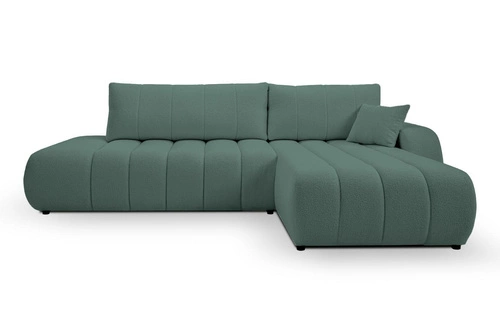 Narożnik z funkcją spania Hobro prawy zielony nowoczesny do salonu z pojemnikiem