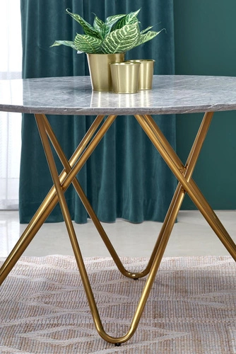 Stół okrągły do jadalni Cristallo 120 cm nowoczesny popielaty marmur glamour złote nogi