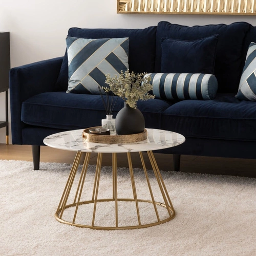 Stolik kawowy Rayo okrągły biały z efektem marmuru 70 cm nowoczesny glamour do salonu Atmosphera