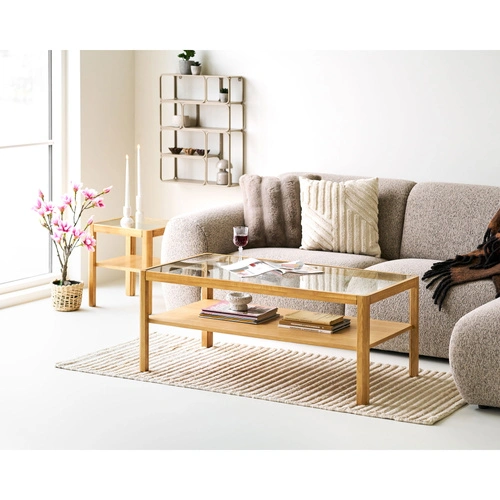 Stolik kawowy Lourmarin kwadratowy szklany dębowy skandynawski 40x40